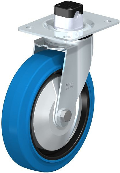 Blickle LE-POEV 200KD-CS11-SB-FA Stahlblech-Lenkrolle mit Anschraubplatte & Zentralfeststeller, Elastik-Vollgummi, Blau, 850295