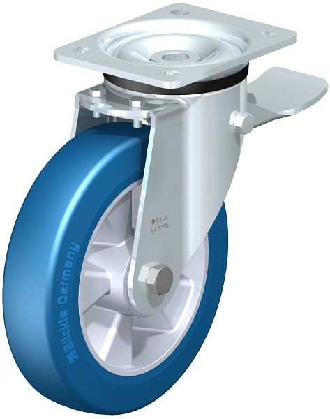 Blickle LK-ALBS 200K-ST Stahlblech-Lenkrolle, schwere Ausführung, mit Anschraubplatte & Feststeller, Blickle Besthane® Soft, Blau, 746631