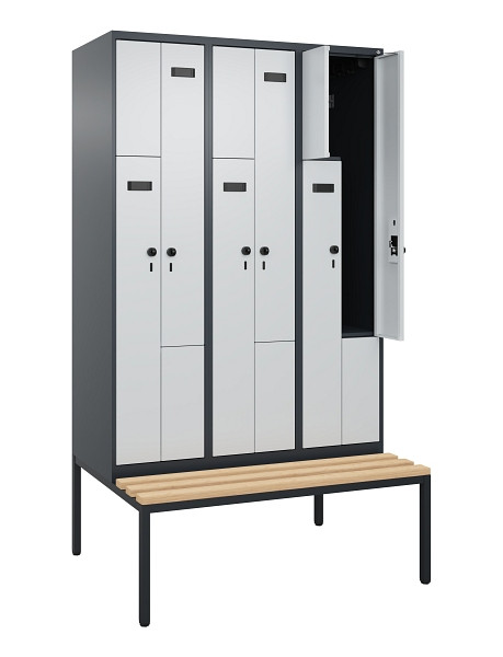 C+P Z-Spind Evolo PLUS, Bank, 6 Fächer, 2120x1200x815mm, 7016/7035, Drehriegel, Sitzfläche Buche-Hartholz, Sitzbank, 0490537-326 S10014