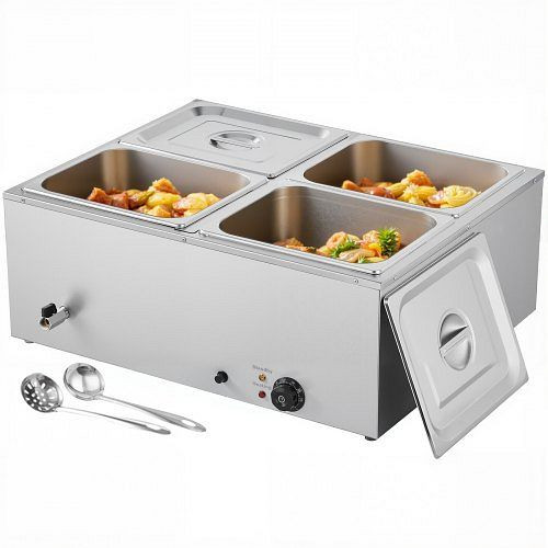 VEVOR Speisenwärmer 1,5 kW, Edelstahl, 4 x 1/2 Behälter, inkl. Abdeckung & Suppenkelle, für Catering & Party, SYSPBWQPTK41SB7R9002V2