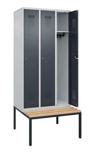 C+P Spind Evolo PLUS, 3 Abteile, 2120x900x815mm, 7035/7016, Haken 3, Zylinderschloss, Sitzfläche Buche-Hartholz, Sitzbank, 0490507-30 S10039
