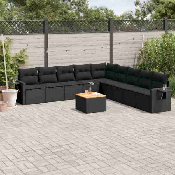 vidaXL 10-tlg. Garten-Sofagarnitur mit Kissen Schwarz Poly Rattan, UV-beständig, 3256937