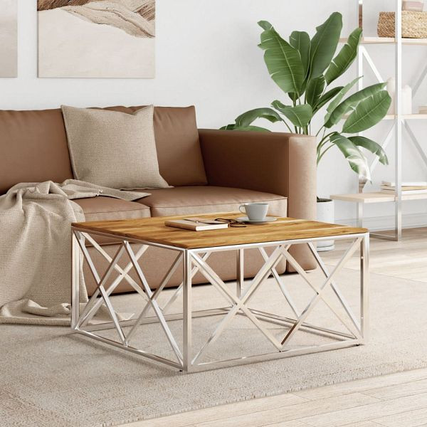 vidaXL Couchtisch Silbern Edelstahl und Massivholz Akazie, 349975