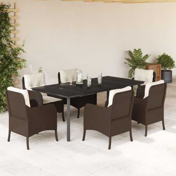 vidaXL 7-tlg. Garten-Essgruppe mit Kissen Braun Poly Rattan, UV-beständig, 3211946