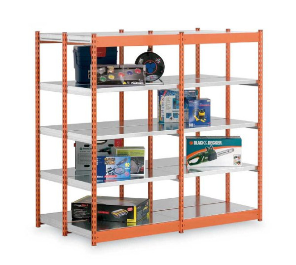 hofe Fachboden-Anbauregal, 2500x500x1000 mm, 6 Fachebenen, verzinkt / RAL 5010, 200 kg Fachlast, 3600 kg Feldlast, einseitige Bedienung, RFA255010MD