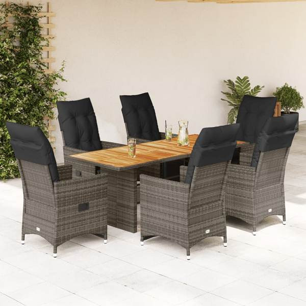 vidaXL 7-tlg. Garten-Bistro-Set mit Kissen Grau Poly Rattan, UV-beständig, 3276891