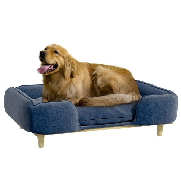 PawHut Hundesofa, Haustiersofa mit Kissen, Hundebett mit Erhöhtem Design Blau, D04-261V00DB