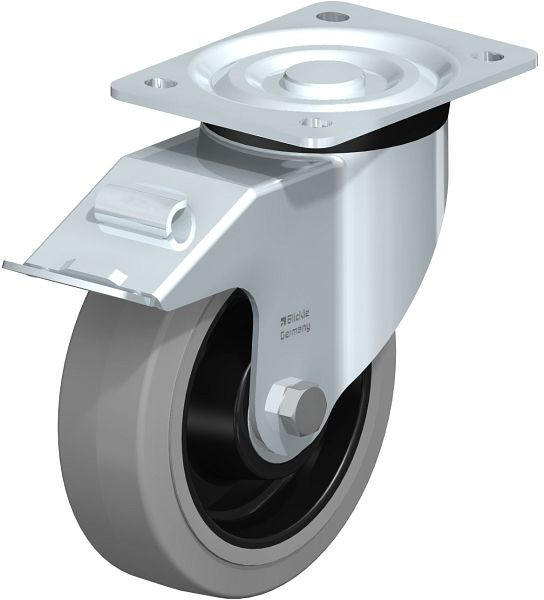 Blickle L-POEV 160K-FI-SG Stahlblech-Lenkrolle, mittelschwere Ausführung, mit Anschraubplatte & Feststeller, Elastik-Vollgummi, Grau, 239053