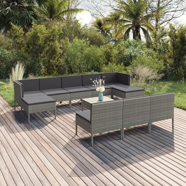 vidaXL 11-teilig Garten-Lounge-Set mit Auflagen Poly Rattan Grau, 3094574