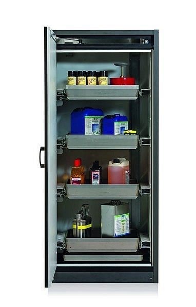asecos Sicherheitsschrank Q-CLASSIC-30, Q30.195.086.WD in sicherheitsgelb RAL 1004 mit 4x Auszugswanne Standard (Edelstahl), 31008-060-30056