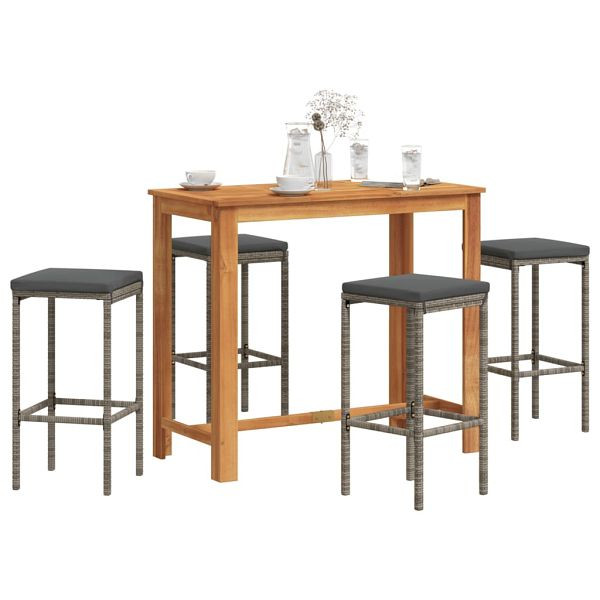 vidaXL 5-teilig Gartenbar-Set Grau Massivholz Akazie und Poly Rattan, 3295284