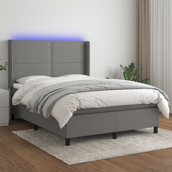 vidaXL Boxspringbett mit Matratze & LED Dunkelgrau 140x190 cm Stoff, 3138230