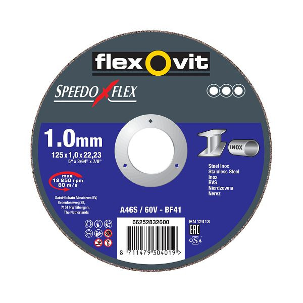 Flexovit SPEEDOFLEX ultradünne Trennscheibe Inox, A 46/60 V-BF41 INOX, Durchmesser: 125 mm, VE: 25 Stück, 66252832600