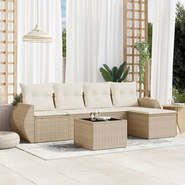 vidaXL 6-teilig Garten-Sofagarnitur mit Kissen Beige Poly Rattan, 3253635