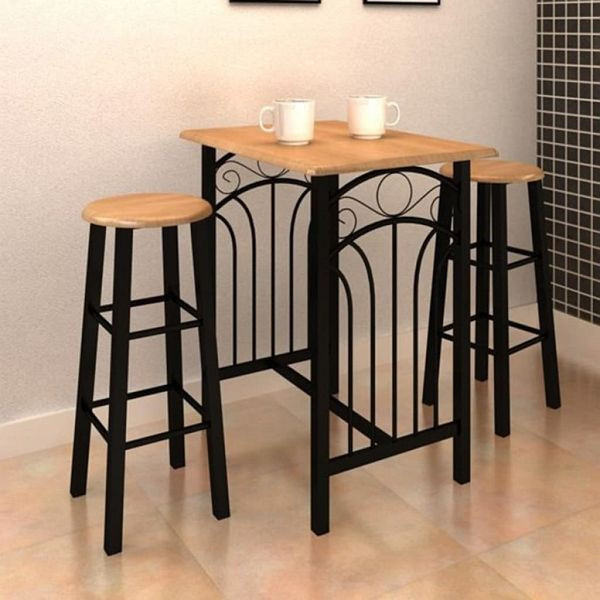 vidaXL Bartisch- und Hocker-Set 3-tlg. Holz und Stahl, 275403