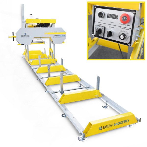 BAMATO Blockbandsäge mit 5,9m Rollbahn (400V), elektrische Höhenverstellung, digitale Höhenanzeige, Benzinmotor mit E-Start, BBSW-660GPRO