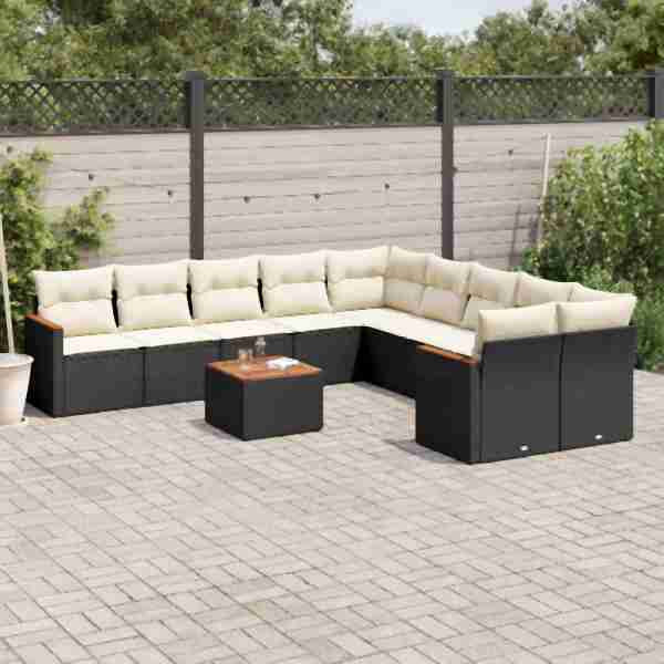 vidaXL 11-tlg. Garten-Sofagarnitur mit Kissen Schwarz Poly Rattan, UV-beständig, 3226357