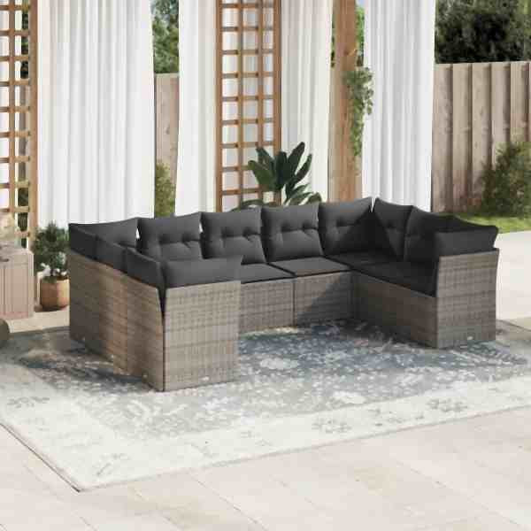 vidaXL 9-tlg. Garten-Sofagarnitur mit Kissen Grau Poly Rattan, UV-beständig, 3218130
