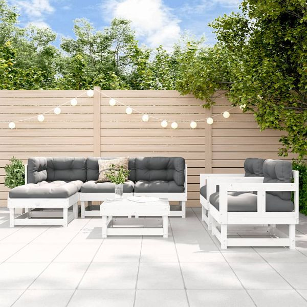 vidaXL 7-teilig Garten-Lounge-Set mit Kissen Weiß Massivholz, 3185809
