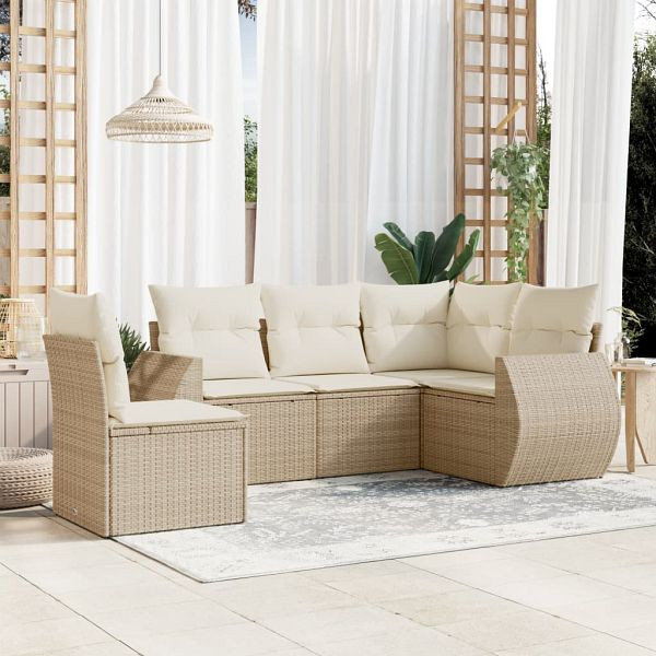 vidaXL 5-teilig Garten-Sofagarnitur mit Kissen Beige Poly Rattan, 3221367