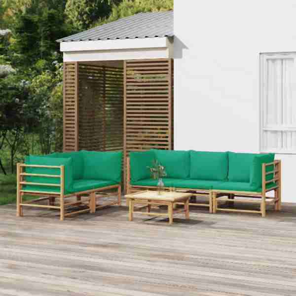 vidaXL 6-tlg. Garten-Lounge-Set mit Grünen Kissen Bambus, 3155154