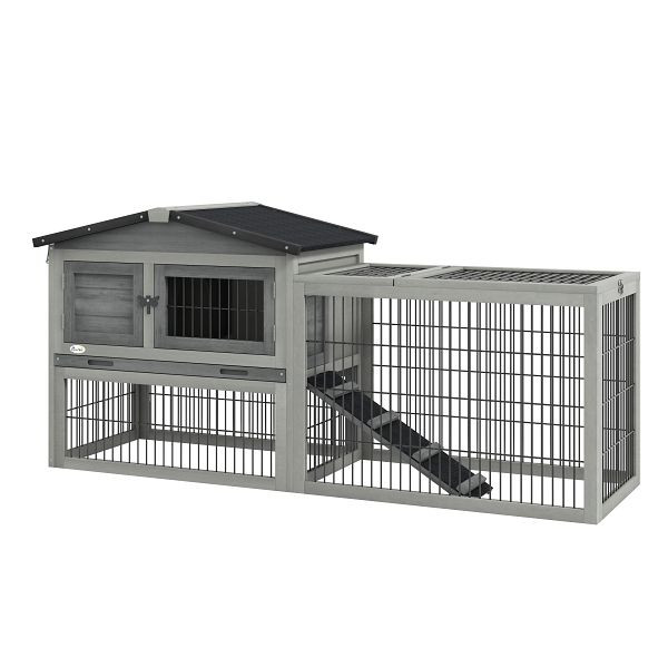 PawHut Kleintierstall kleintierkäfig mit Freigehege Meerschweinchenstall Freilaufgehege Grau, D51-122V01GY