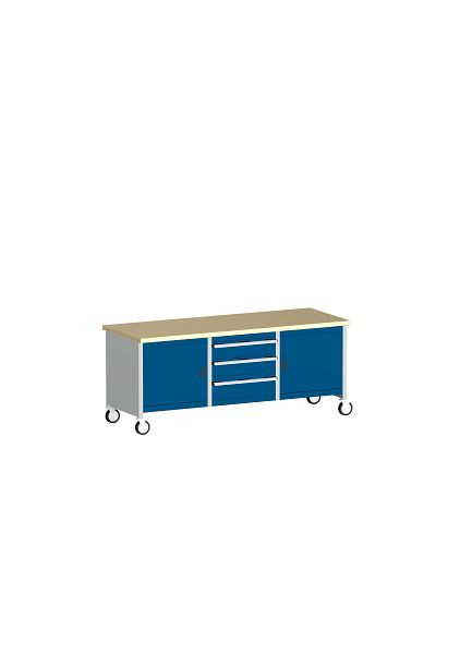 bott cubio Kastenwerkbank mobil 3 Schubladen 2 Türen, 2 Ablagen, Rotbuche-Arbeitsplatte BxTxH: 2000 x 750 x 840 mm, RAL 7035/5010, 41002125.11V