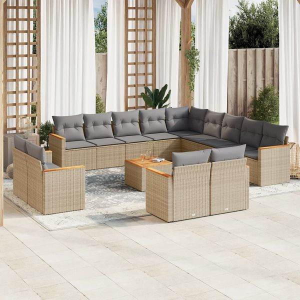 vidaXL 14-teilig Garten-Sofagarnitur mit Kissen Beige Poly Rattan, 3226535