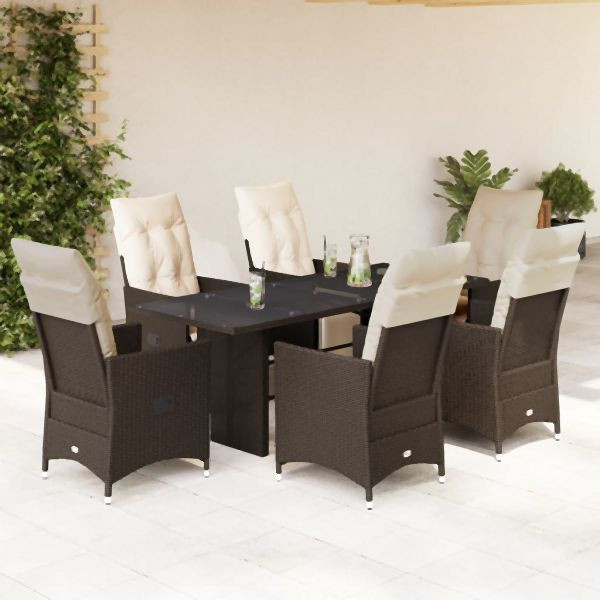 vidaXL 7-tlg. Garten-Bistro-Set mit Kissen Braun Poly Rattan, 3276921