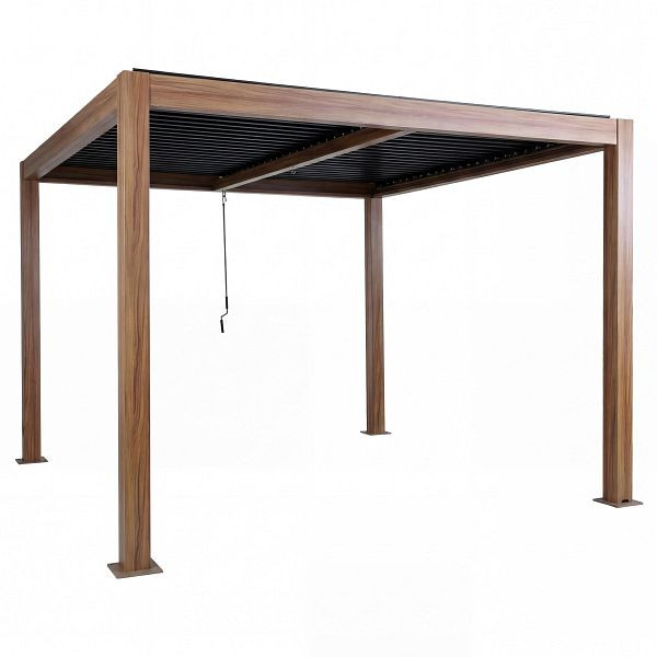Mendler Pergola HWC-L46, Gartenpavillon Lamellen-Pavillon, 10cm-Aluminium-Gestell, Regenrinne sturmfest, 3x3m, Holzoptik, 120680+120681+120682
