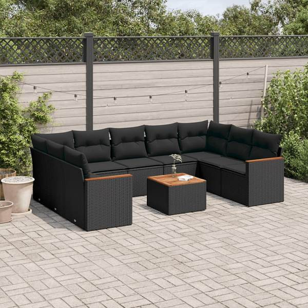 vidaXL 10-tlg. Garten-Sofagarnitur mit Kissen Schwarz Poly Rattan, UV-beständig, 3258681