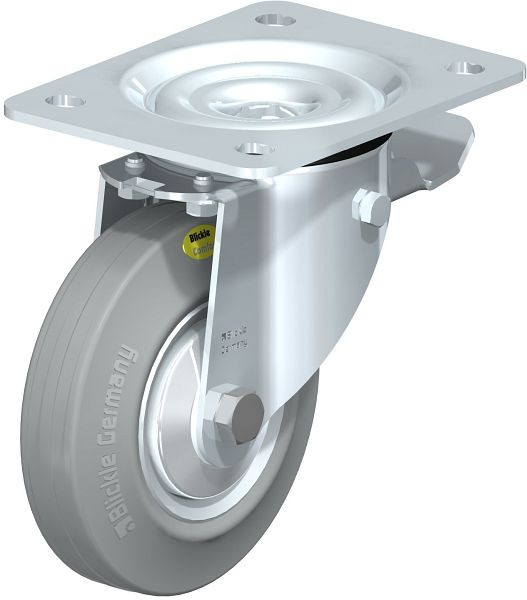 Blickle LK-RD 125R-3-ST-VLI-FA Stahlblech-Lenkrolle, schwere Ausführung, mit Anschraubplatte & Feststeller, Zweikomponenten-Vollgummi, Grau, 750464
