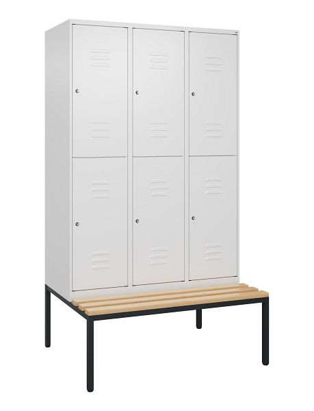 C+P Doppelstöckiger Spind Classic PLUS, 3 Abteile, 2120x1200x815mm, 9016/9016, Zylinderschlösser, Buche-Sitzleisten, Sitzbank, 0803507-32 S10104
