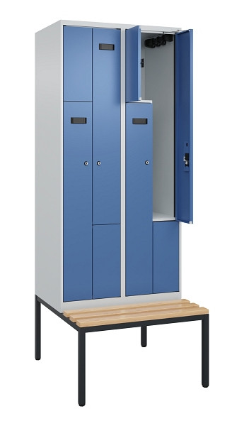 C+P Z-Spind Evolo PLUS, Bank, 4 Fächer, 2120x800x815mm, 7035/5023, Zylinderschloss, Sitzfläche Buche-Hartholz, Sitzbank, 0490537-224 S10042