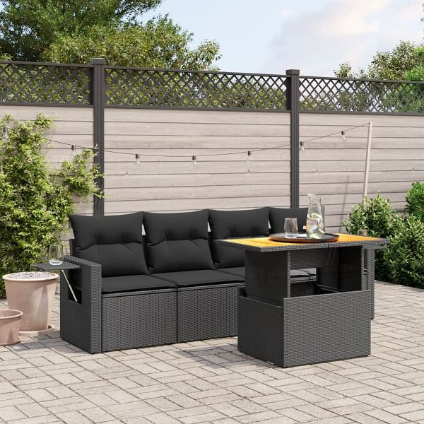 vidaXL 5-teilig Garten-Sofagarnitur mit Kissen Schwarz Poly Rattan, 3271629