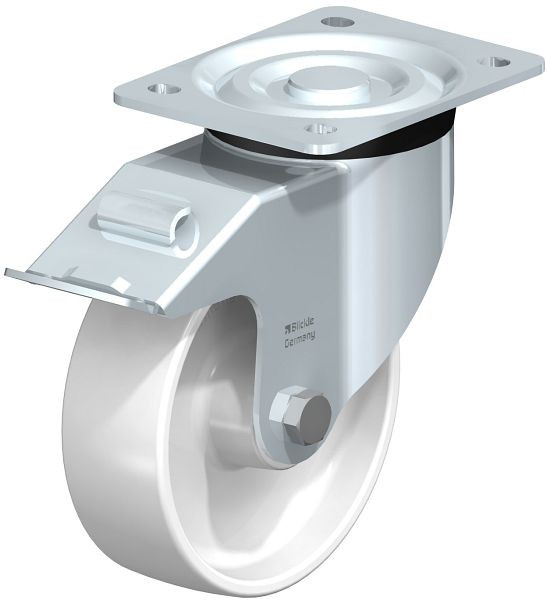 Blickle L-PO 150R-FI Stahlblech-Lenkrolle, mittelschwere Ausführung, mit Anschraubplatte & Feststeller, Polyamid, Weiß, 54288