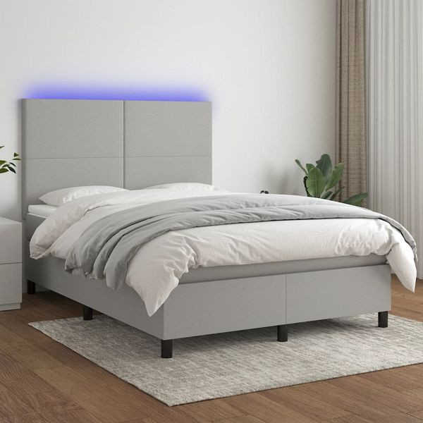 vidaXL Boxspringbett mit Matratze & LED Hellgrau 140x190 cm Stoff, 3134709