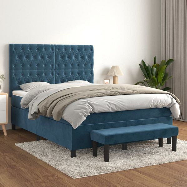 vidaXL Boxspringbett mit Matratze Dunkelblau 140x190 cm Samt, 3138023