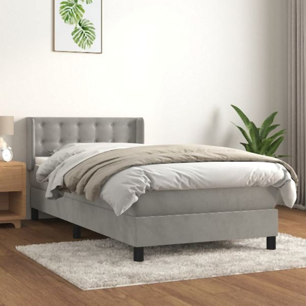 vidaXL Boxspringbett mit Matratze Hellgrau 90x190 cm Samt, 3131171