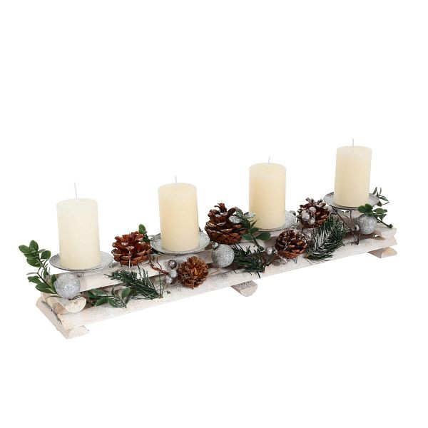 Mendler Adventsgesteck HWC-M12 mit Kerzenhaltern, Adventskranz Weihnachtsdeko Holz silber weiß 18x49x13cm FSC®, mit Kerzen, 103798