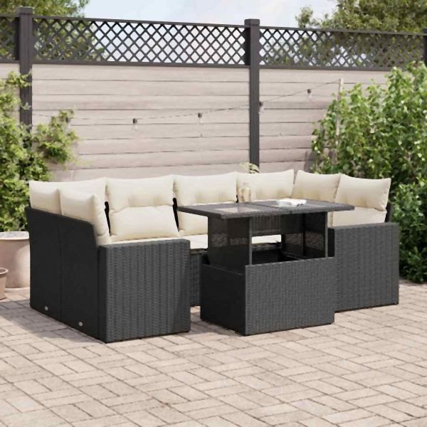 vidaXL 7-tlg. Garten-Sofagarnitur mit Kissen Schwarz Poly Rattan, 3326267