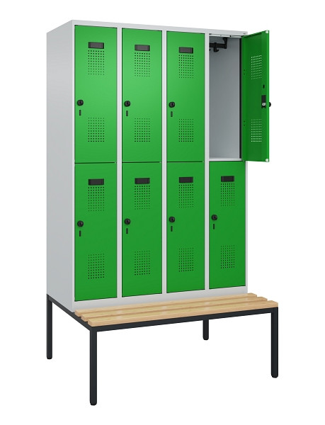C+P Doppelstock-Spind Evolo PLUS, Bank, 8 Fächer, 2120x1200x815mm, 7035/6037, Drehriegel, Sitzfläche Buche-Hartholz, Sitzbank, 0493507-40 S10011