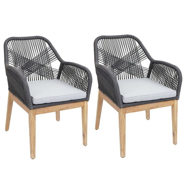 Mendler 2er-Set Gartenstuhl HWC-H56b, Sessel Outdoor, wetterfest Seilgeflecht Rope Holz Akazie, dunkelgrau Kissen hellgrau, 2x110411