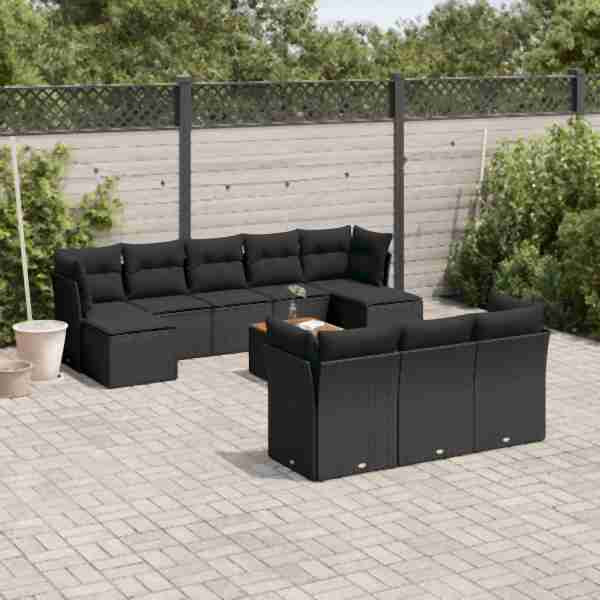 vidaXL 11-tlg. Garten-Sofagarnitur mit Kissen Schwarz Poly Rattan, UV-beständig, 3223878