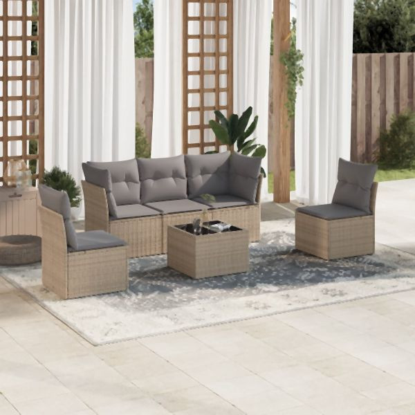 vidaXL 6-tlg. Garten-Sofagarnitur mit Kissen Beige Poly Rattan, 3249198