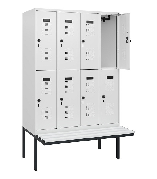 C+P Doppelstock-Spind Evolo PLUS, Bank, 8 Fächer, 1950x1200x815mm, 9016/9016, Drehriegel, Sitzfläche Kunststoff, 0493405-40 S10120