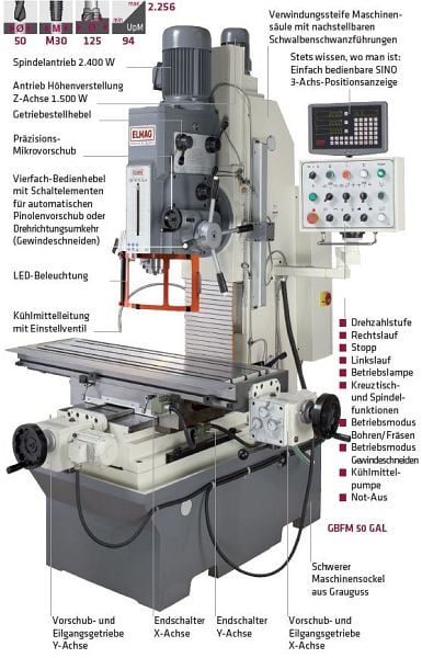 ELMAG Getriebe Bohr- und Fräsmaschine, Modell GBFM 50 GAL, inklusive 3-Achs-Positionsanzeige 'SINO', 82155