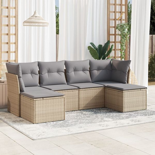 vidaXL 6-teilig Garten-Sofagarnitur mit Kissen Beige Poly Rattan, 3249848