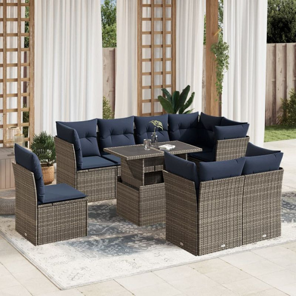 vidaXL 9-teiliges Gartensofa-Set mit Kissen, grau, Polyrattan, 3266731