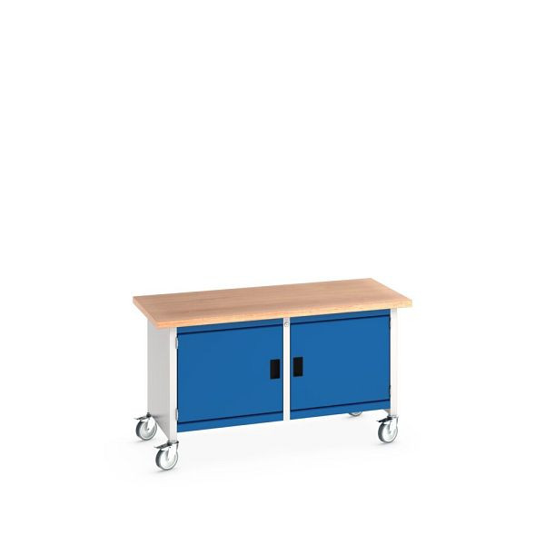 bott cubio Kastenwerkbank mobil, 2 Türen, 2 Ablagen, Multiplex-Arbeitsplatte, BxTxH: 1500x750x840mm, RAL 7035/5010, Enzianblau, 41002097.11V